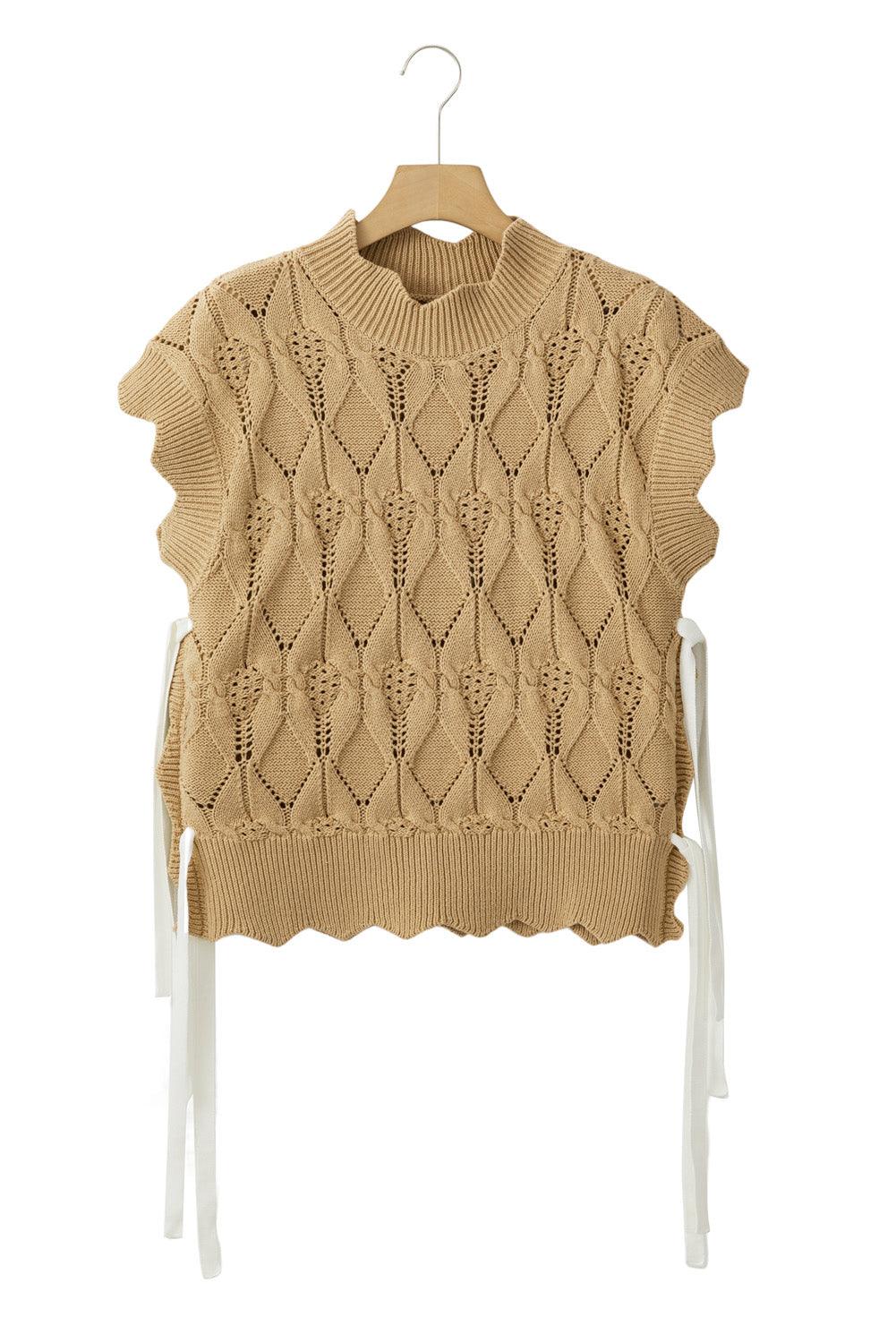 Light French Beige Hollowed Knit Scalloped Trim High Neck Sweater - The Fair Lady Shop