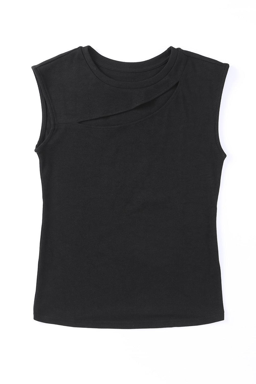 Black Solid Slash Cutout Summer Sleeveless Top - The Fair Lady Shop
