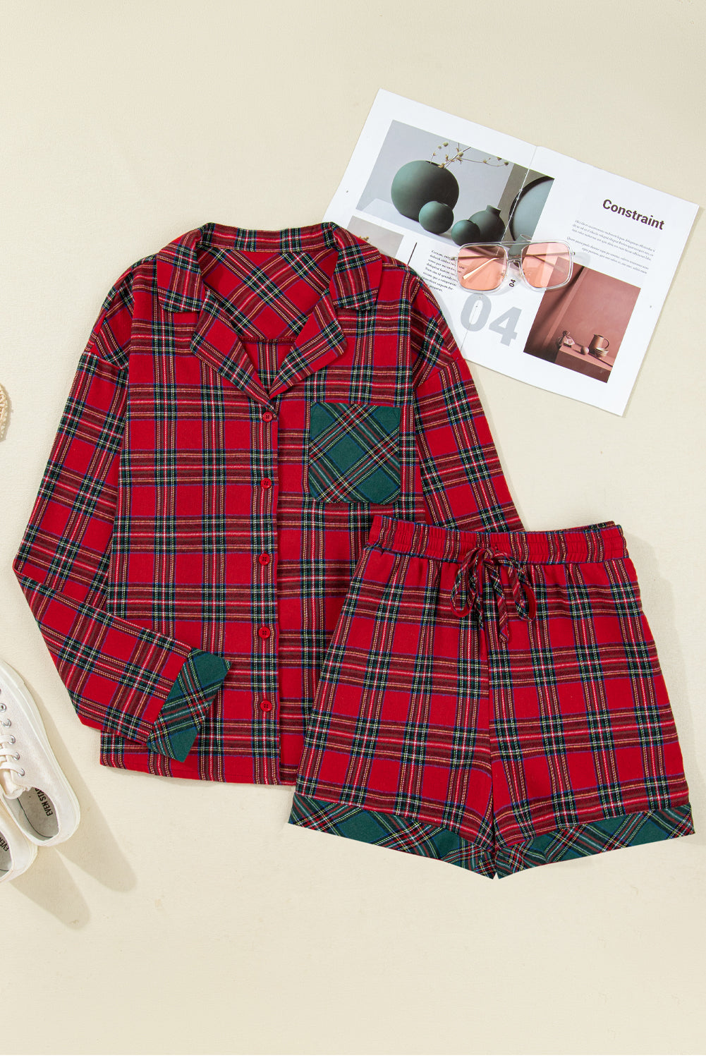 Red Plaid Contrast Color Christmas Holiday Long Sleeve Shirt and Shorts Pajama Set