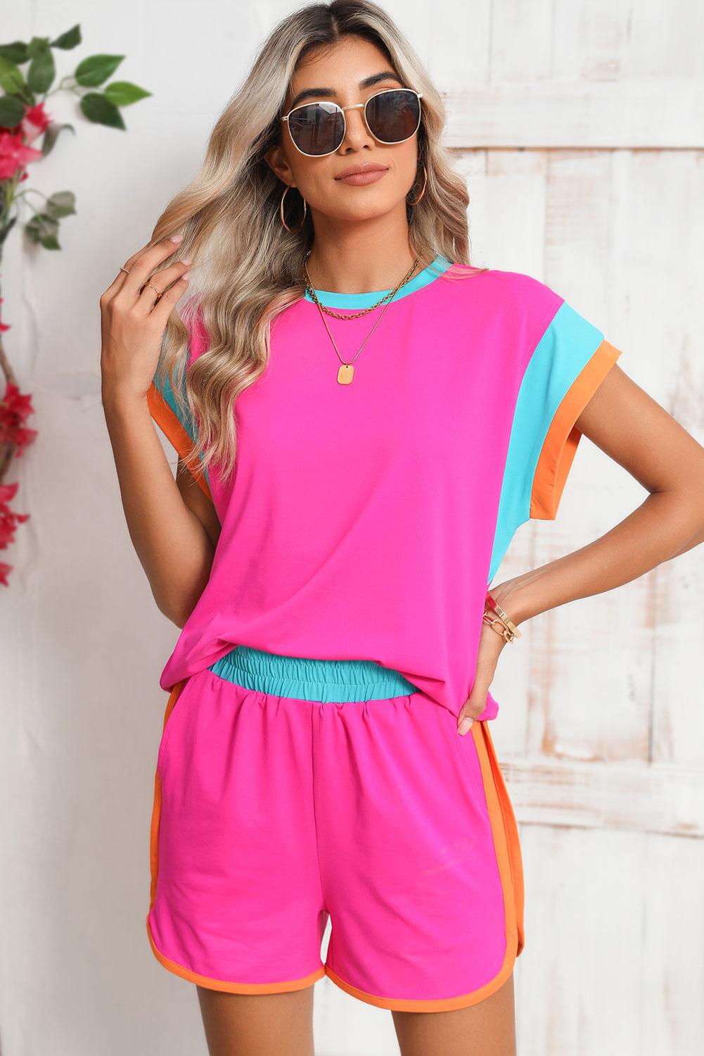 Peach Blossom Color Block Loose Fit Top & Elastic Waist Shorts Set - The Fair Lady Shop