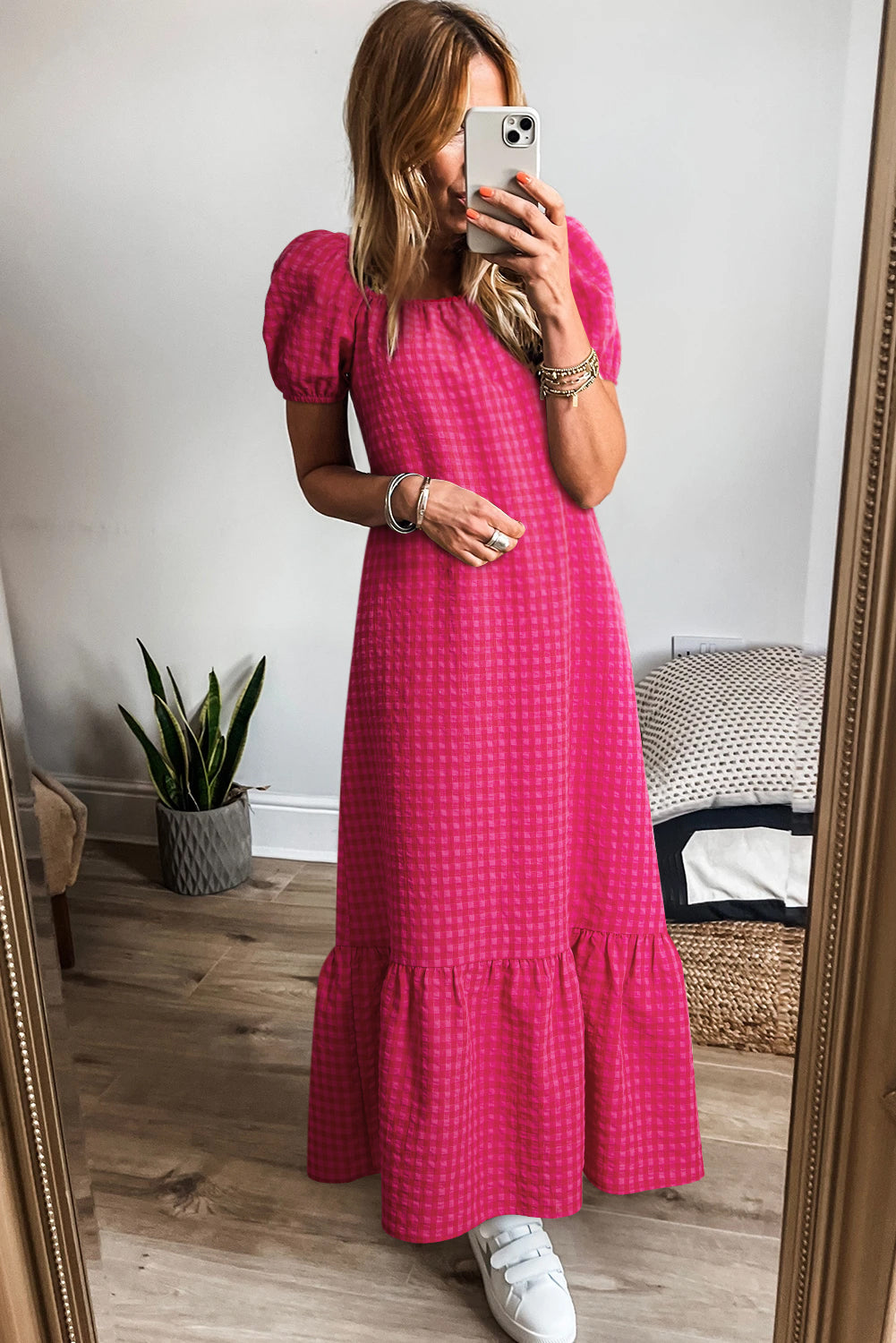 Rose Plaid Square Neck Puff Sleeve Maxi Dress - The Fair Lady Shop
