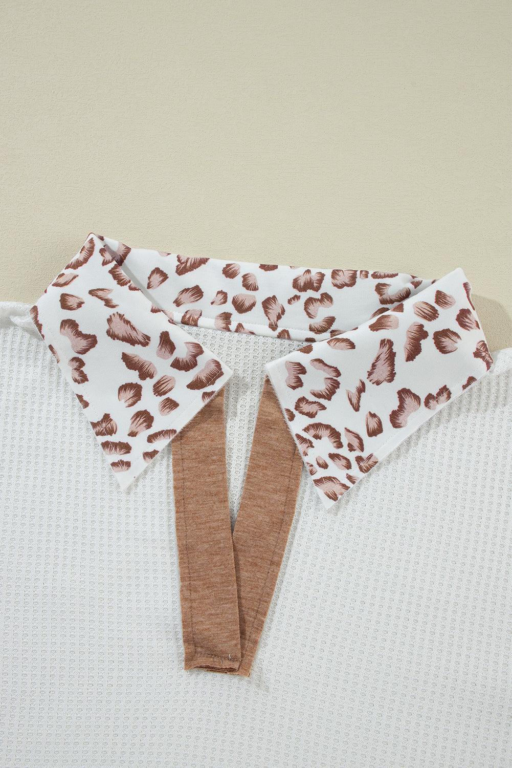 White Leopard Patchwork Turn-down Collar Waffle Top - The Fair Lady Shop