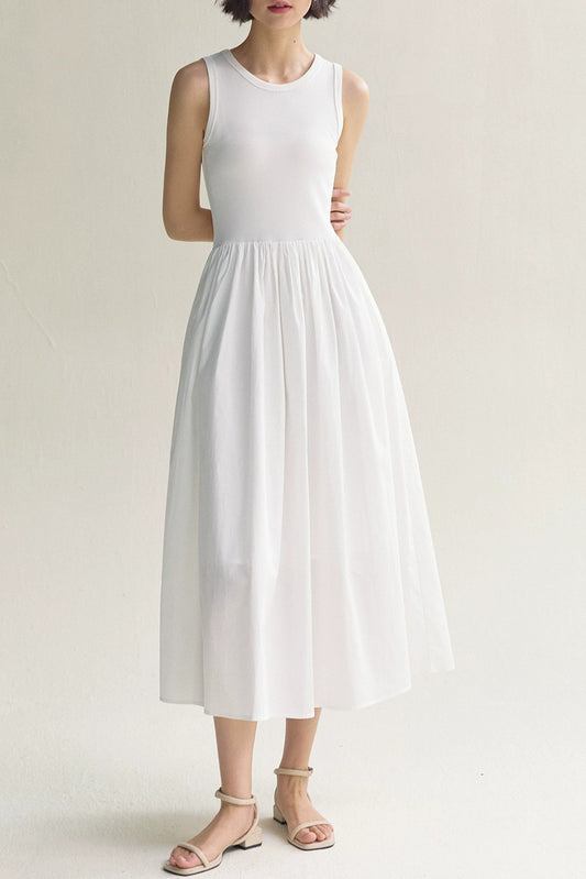 White Solid Color Knitted Patchwork Sleeveless Midi Dress - The Fair Lady Shop