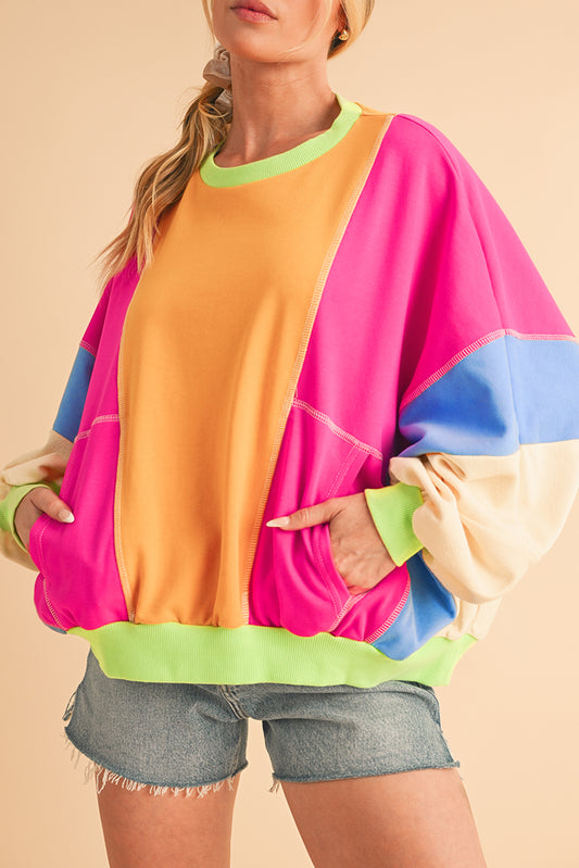 Grapefruit Orange Colorblock Patchwork Drop Shoulder Top - The Fair Lady Shop