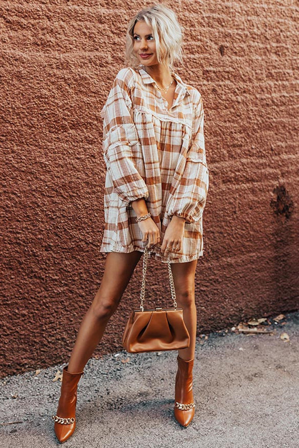 Brown Plaid Print Side Pockets Frill Babydoll Mini Dress - The Fair Lady Shop