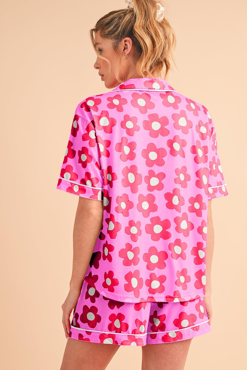 Green Flower Print Buttoned Shirt and Drawstring Waist Pajama Set - The Fair Lady Shop
