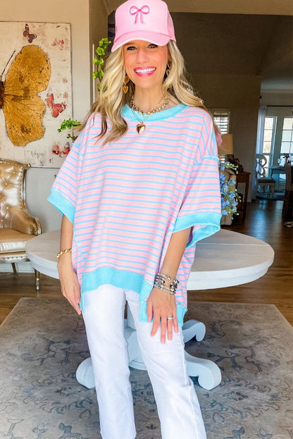 Pink Stripe Colorblock Drop Sleeve Oversized T Shirt - The Fair Lady Shop