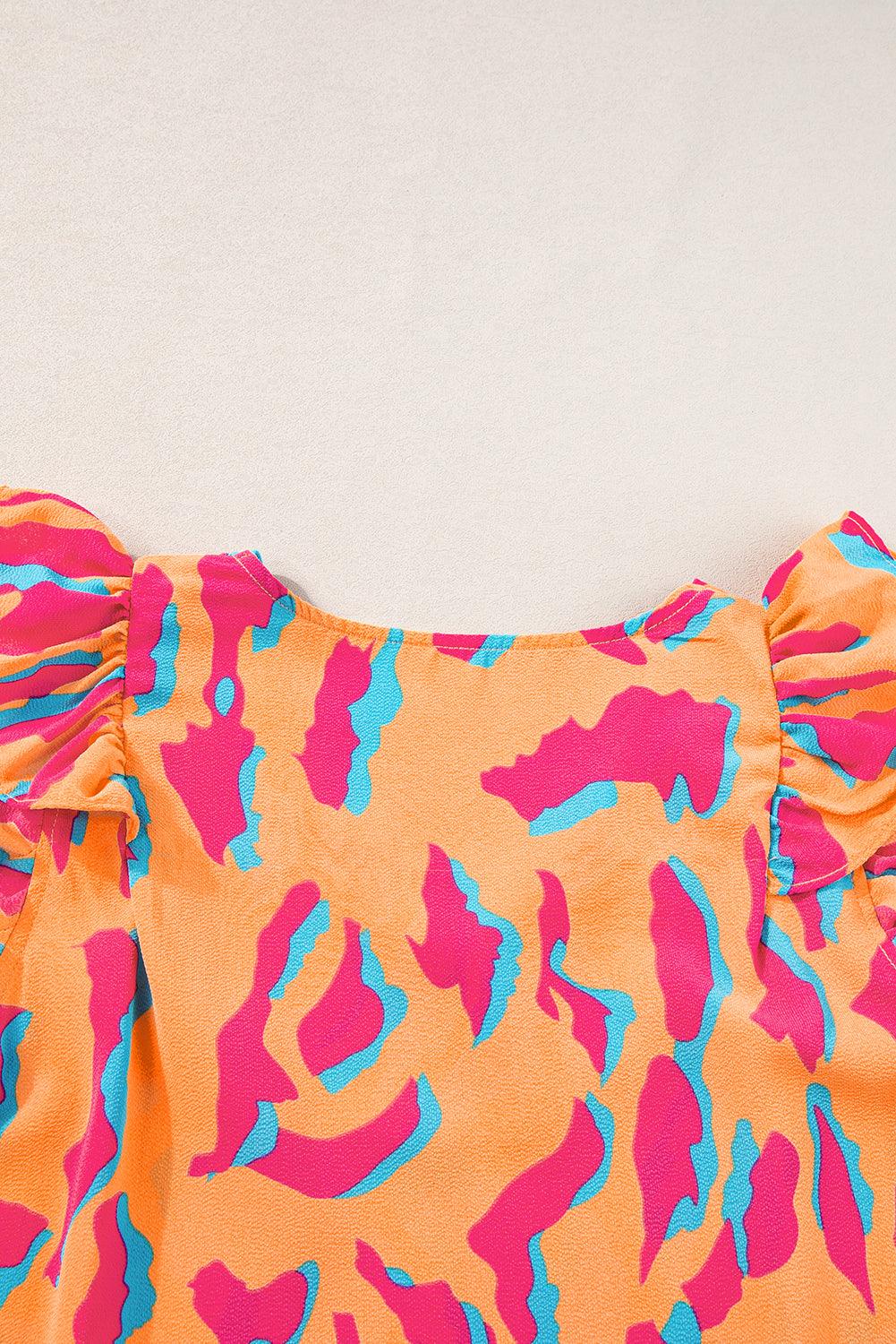 Orange Abstract Print V Neck Ruffled Sleeve Blouse - The Fair Lady Shop