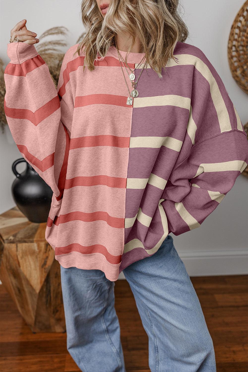 Khaki Stripe Exposed Seam Patchwork Loose Sweatshirts - The Fair Lady Shop