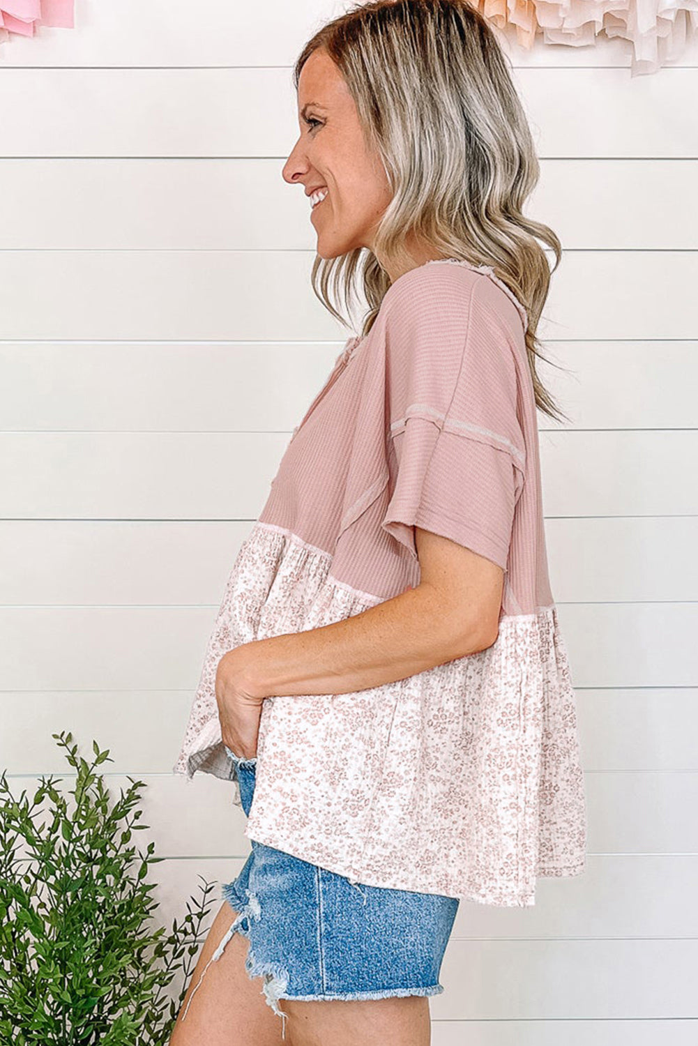 Pink Waffle Floral Patchwork Exposed Seam Detail Short Sleeve Top - The Fair Lady Shop