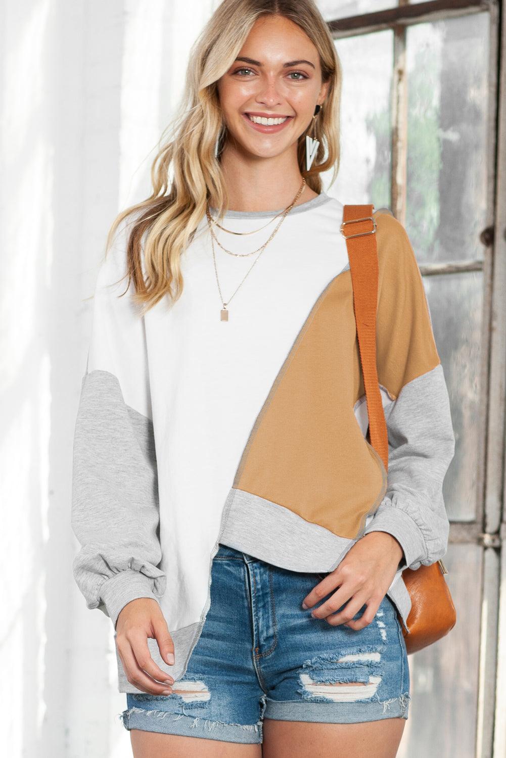 Pink Colorblock Stitching Irregular Hem Long Sleeve Top - The Fair Lady Shop