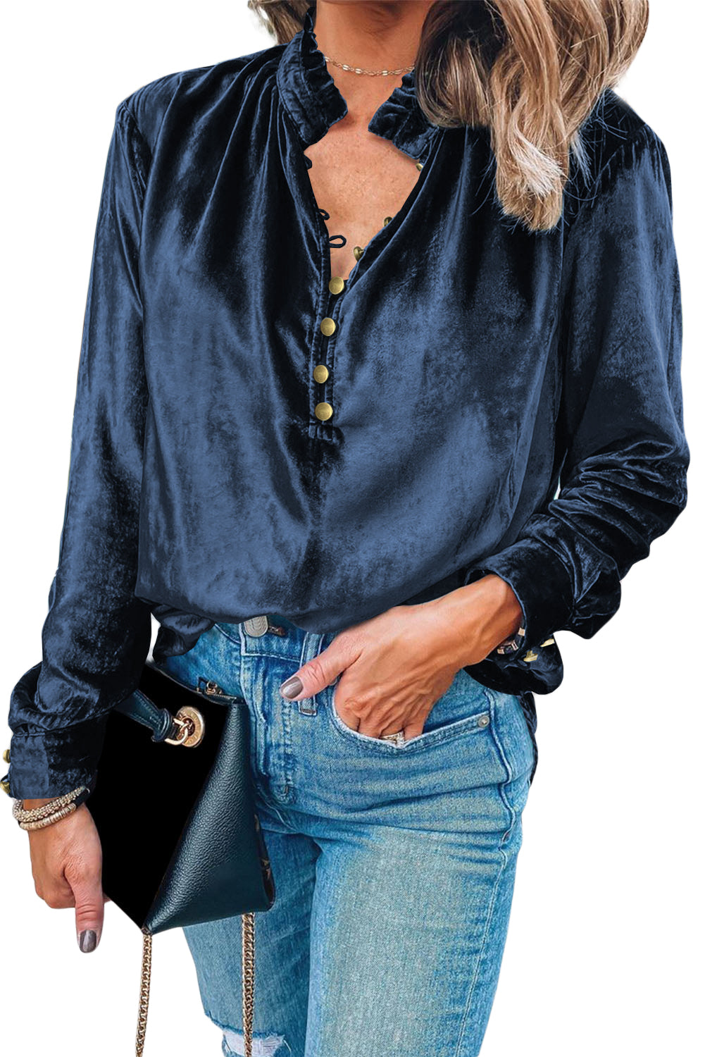 Navy Blue Frilled Buttoned V Neck Velvet Blouse - The Fair Lady Shop