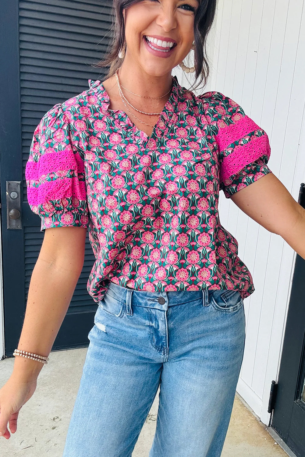 Sachet Pink Frill V-Neck Abstract Print Puff Sleeve Top - The Fair Lady Shop