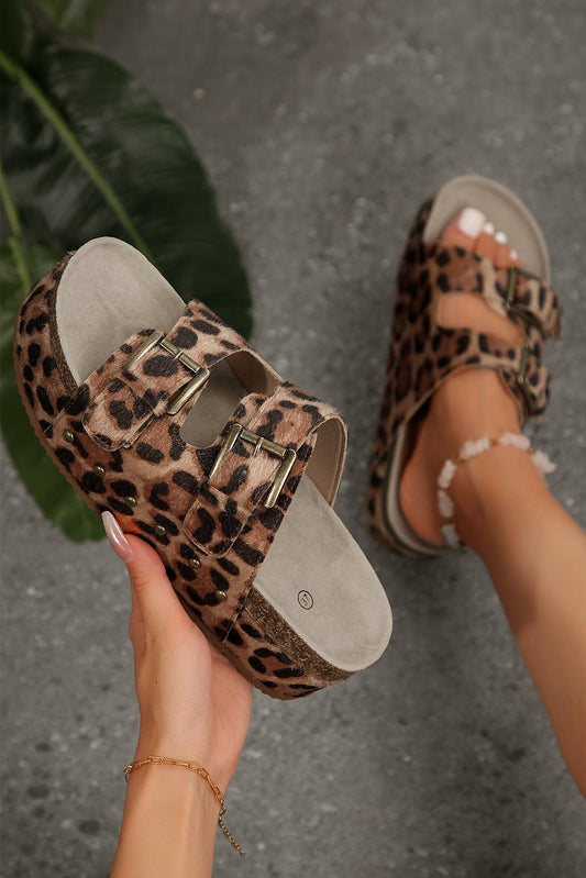 Chestnut Leopard Suede Dual Buckle Strap Platform Slides Shoes - The Fair Lady Shop