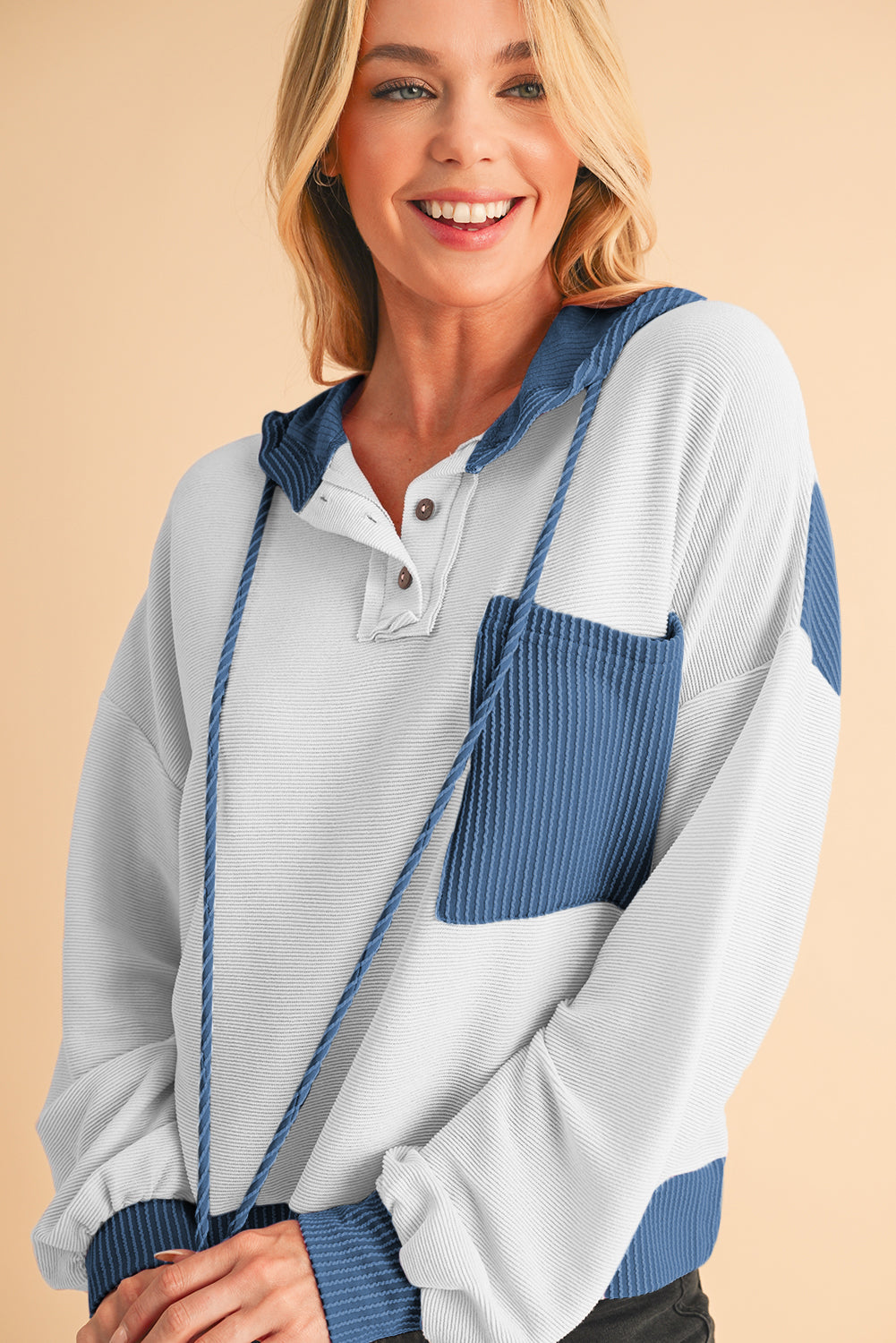 White Corded Patch Pocket Drawstring Henley Long Sleeve Top - The Fair Lady Shop
