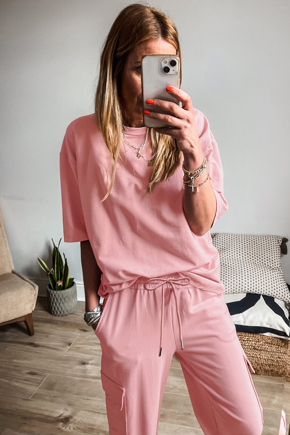 Apricot Pink Half Sleeve T-Shirt & Cargo Sweatpants Set - The Fair Lady Shop
