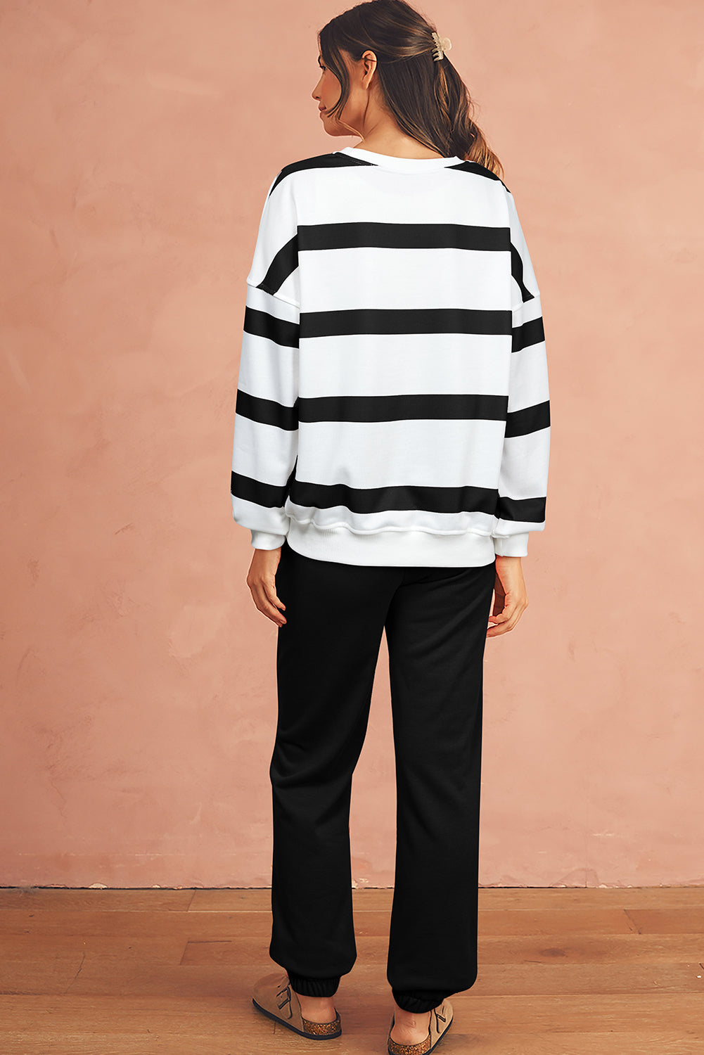 Black Striped Drop Shoulder Pullover and Joggers Set - The Fair Lady Shop