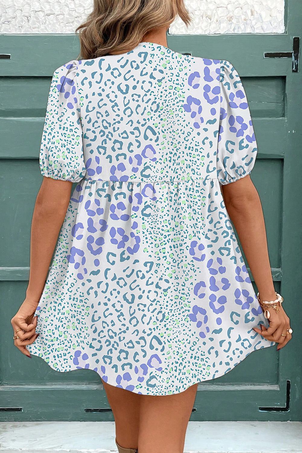 Sky Blue Leopard Bow Front Puff Sleeve Mini Dress - The Fair Lady Shop