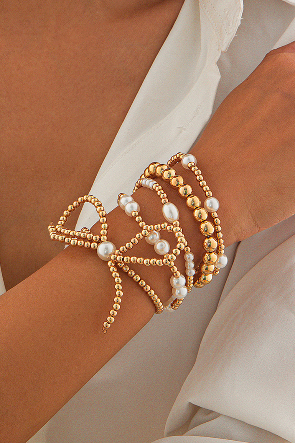 Gold Bow Knot Pearl Beaded Multi Layered Bracelet Set - The Fair Lady Shop