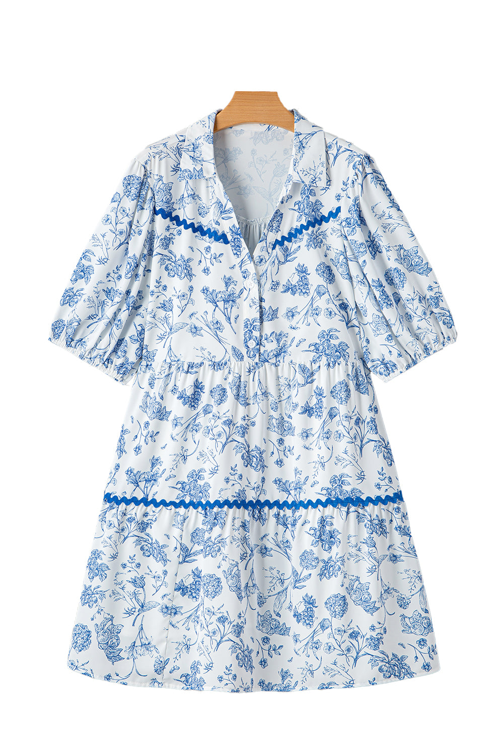 Sky Blue Floral Print Collared V Neck Ric-rac Trim Plus Size Mini Dress - The Fair Lady Shop