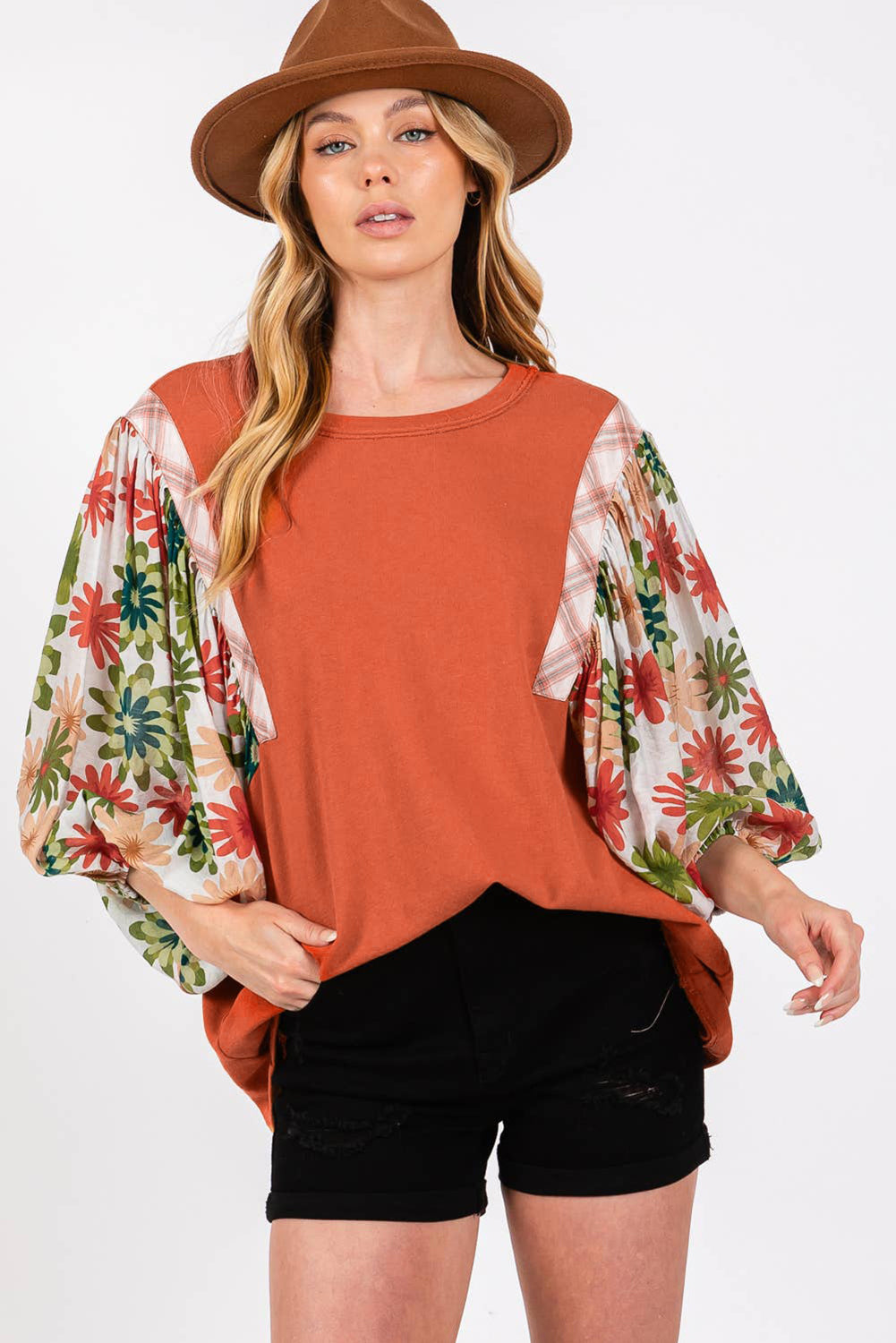 Desert Gold Floral Patchwork Sleeve Loose Top - The Fair Lady Shop
