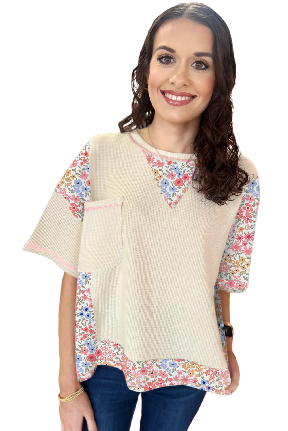 Beige Floral Patchwork Pocket Drop Sleeve Waffle T Shirt - The Fair Lady Shop