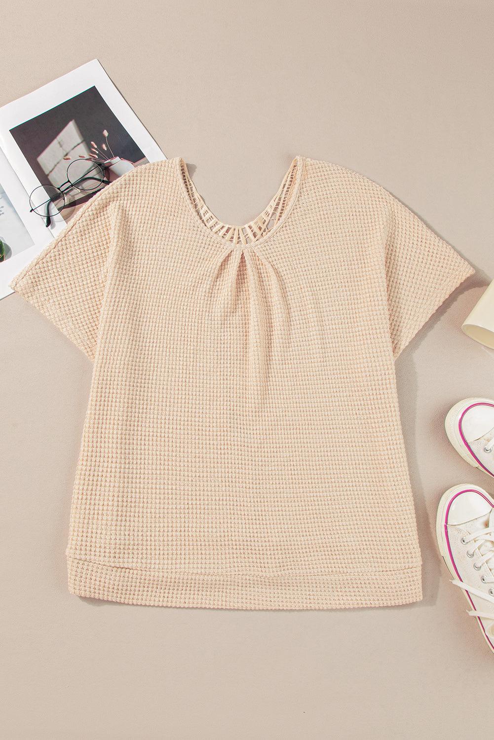 Beige Hollowed Lace Applique Plus Size Waffle T Shirt - The Fair Lady Shop