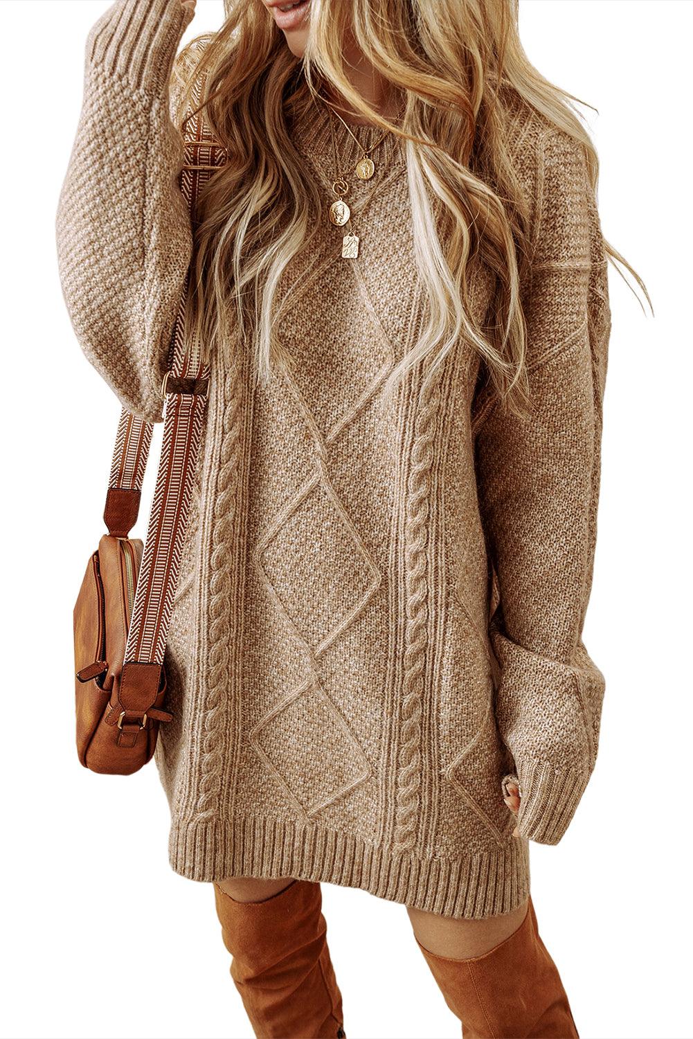 Parchment Twist Cable Knit Drop Shoulder Loose Fit Sweater Dress - The Fair Lady Shop