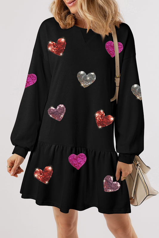 Black Shiny Heart Graphic Ruffled Knit Mini Dress - The Fair Lady Shop