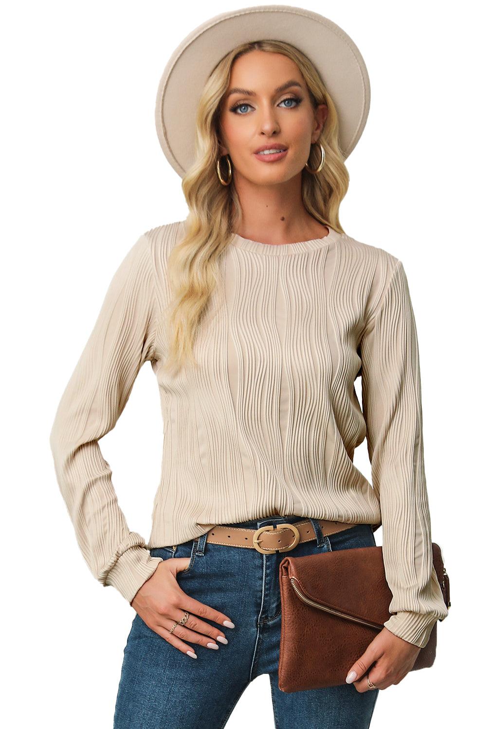 Apricot Wavy Textured Solid Color Drop Shoulder Pullover Top - The Fair Lady Shop