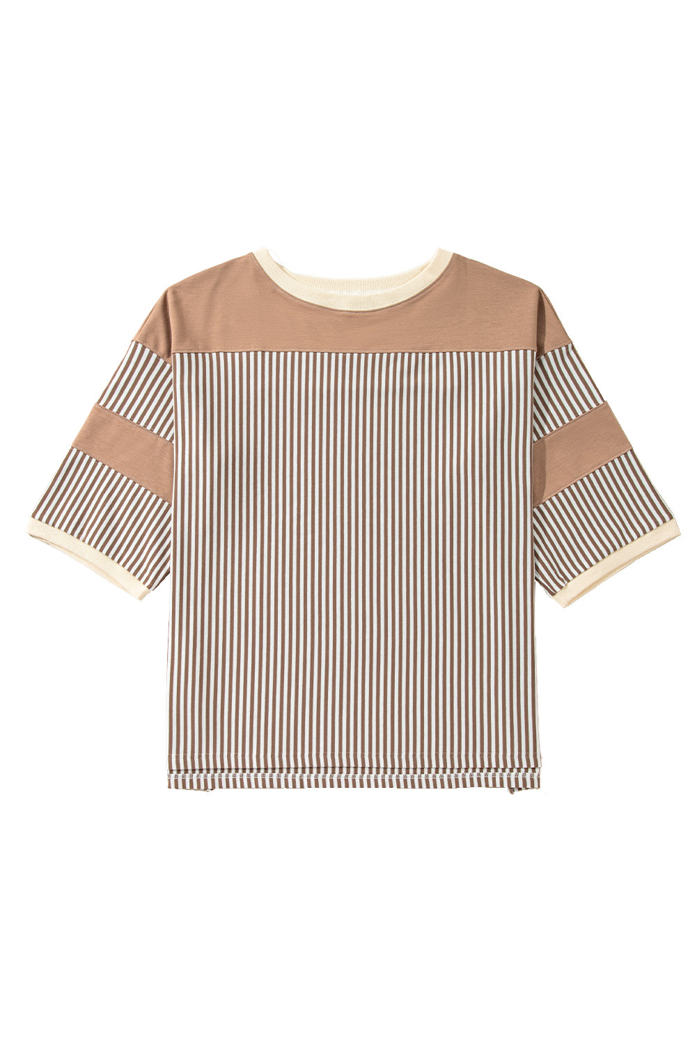 Khaki Stripe Patchwork Bracelet Sleeve Plus Size T Shirt - The Fair Lady Shop
