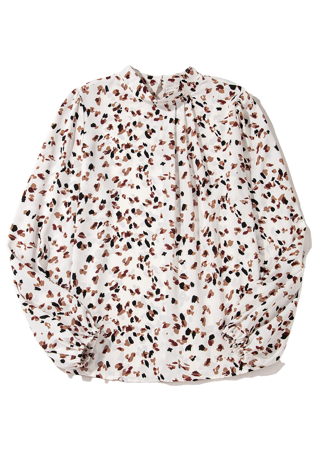 White Leopard Print Puff Sleeve Mock Neck Pleated Blouse - The Fair Lady Shop