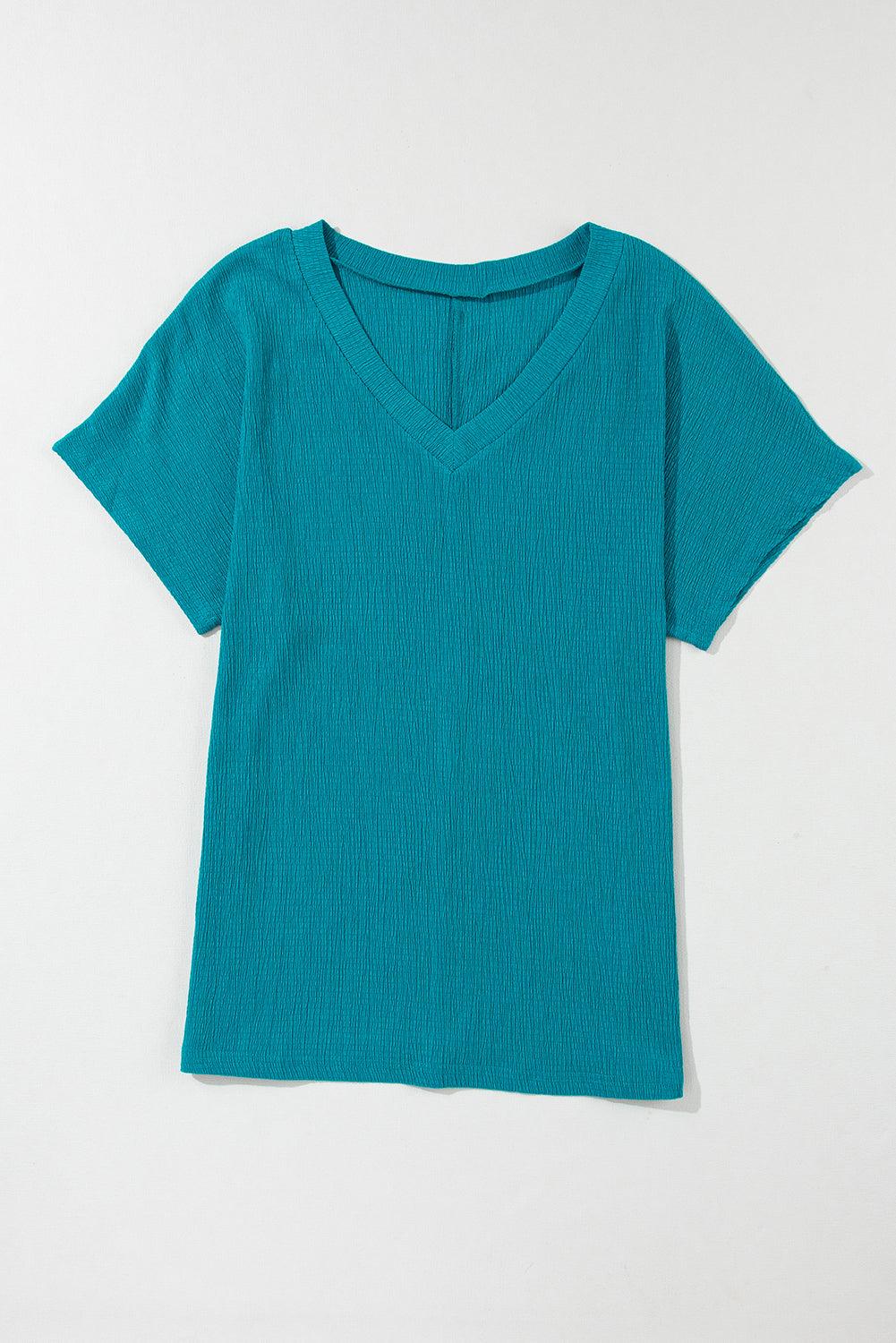 Blue Plain Crinkled V Neck Flounce Sleeve T Shirt - The Fair Lady Shop