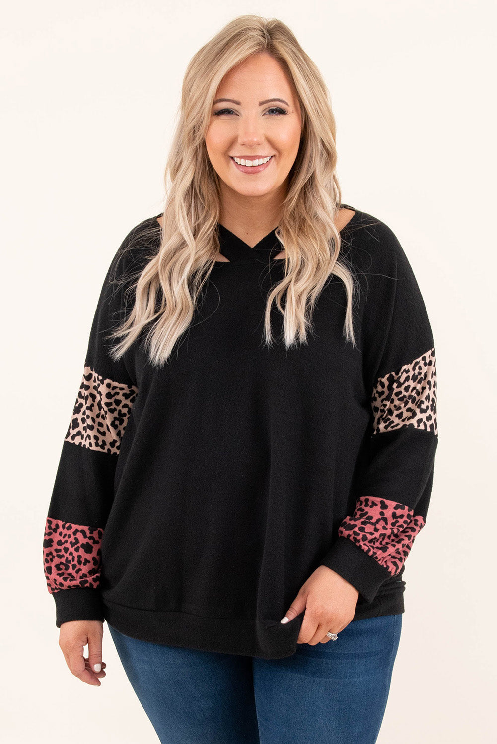 Black Plus Size Leopard Patchwork Strappy Neck Top - The Fair Lady Shop