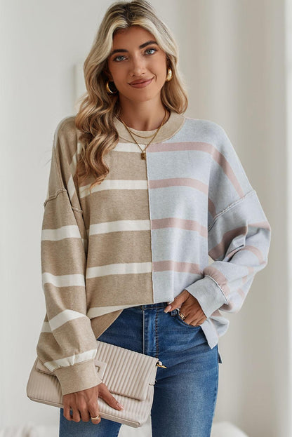 Khaki Stripe Exposed Seam Patchwork Loose Sweatshirts - The Fair Lady Shop