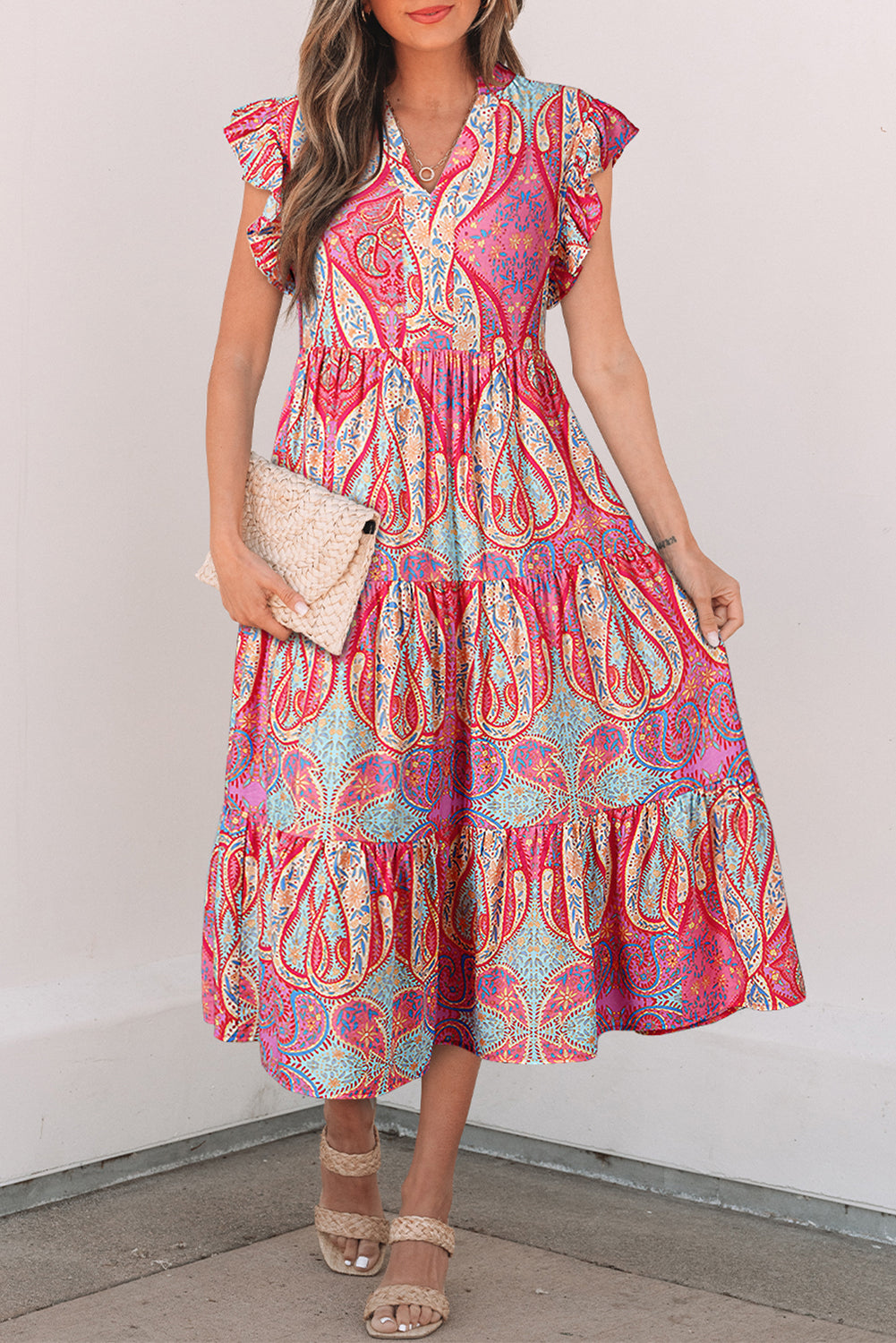 Rose Ethnic Paisley Print Ruffle Sleeve Notch Neck Midi Dress - The Fair Lady Shop