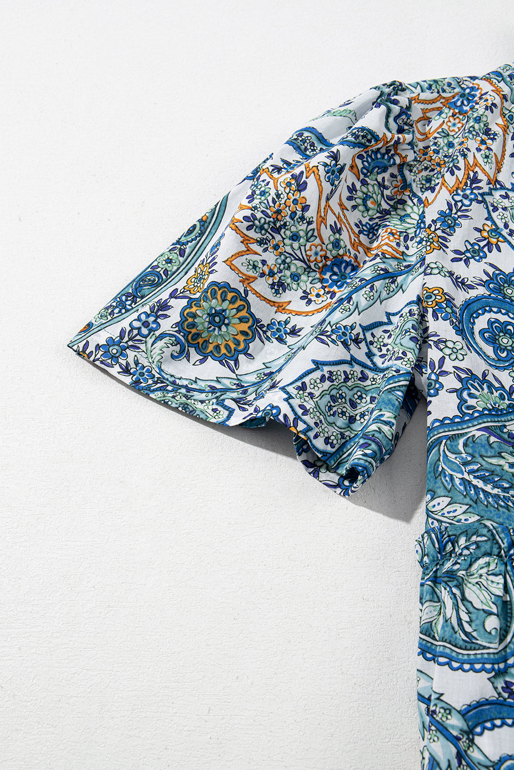 Blue Bohemian Paisley Floral V Neck Puff Sleeve Mini Dress - The Fair Lady Shop