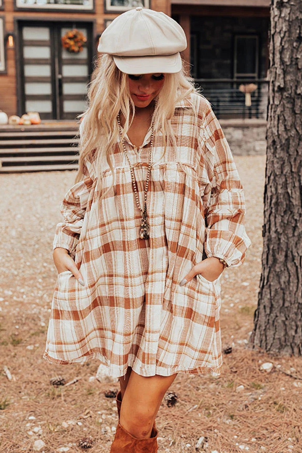 Brown Plaid Print Side Pockets Frill Babydoll Mini Dress - The Fair Lady Shop
