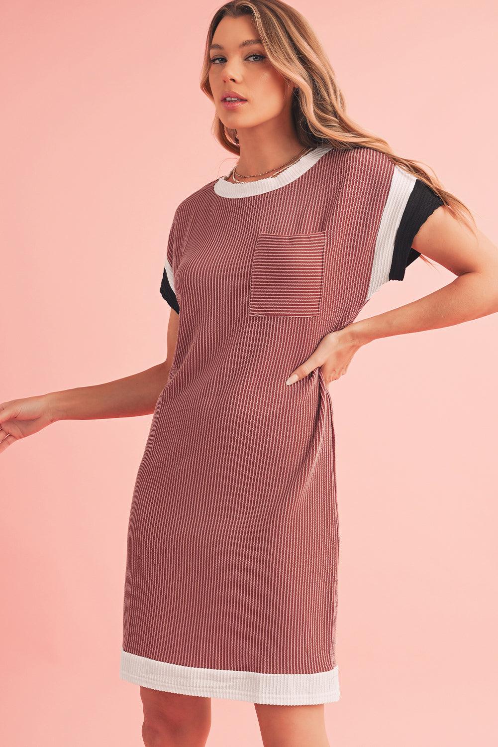 Light French Beige Rib Textured Colorblock Pocket T Shirt Dress - The Fair Lady Shop