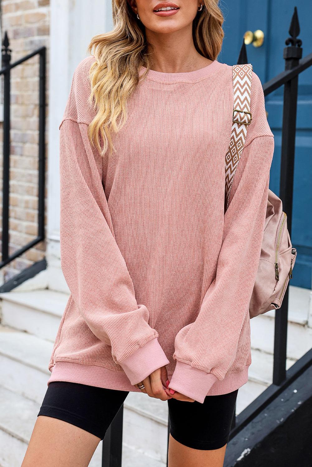 Khaki Solid Ribbed Round Neck Pullover Sweatshirt - The Fair Lady Shop