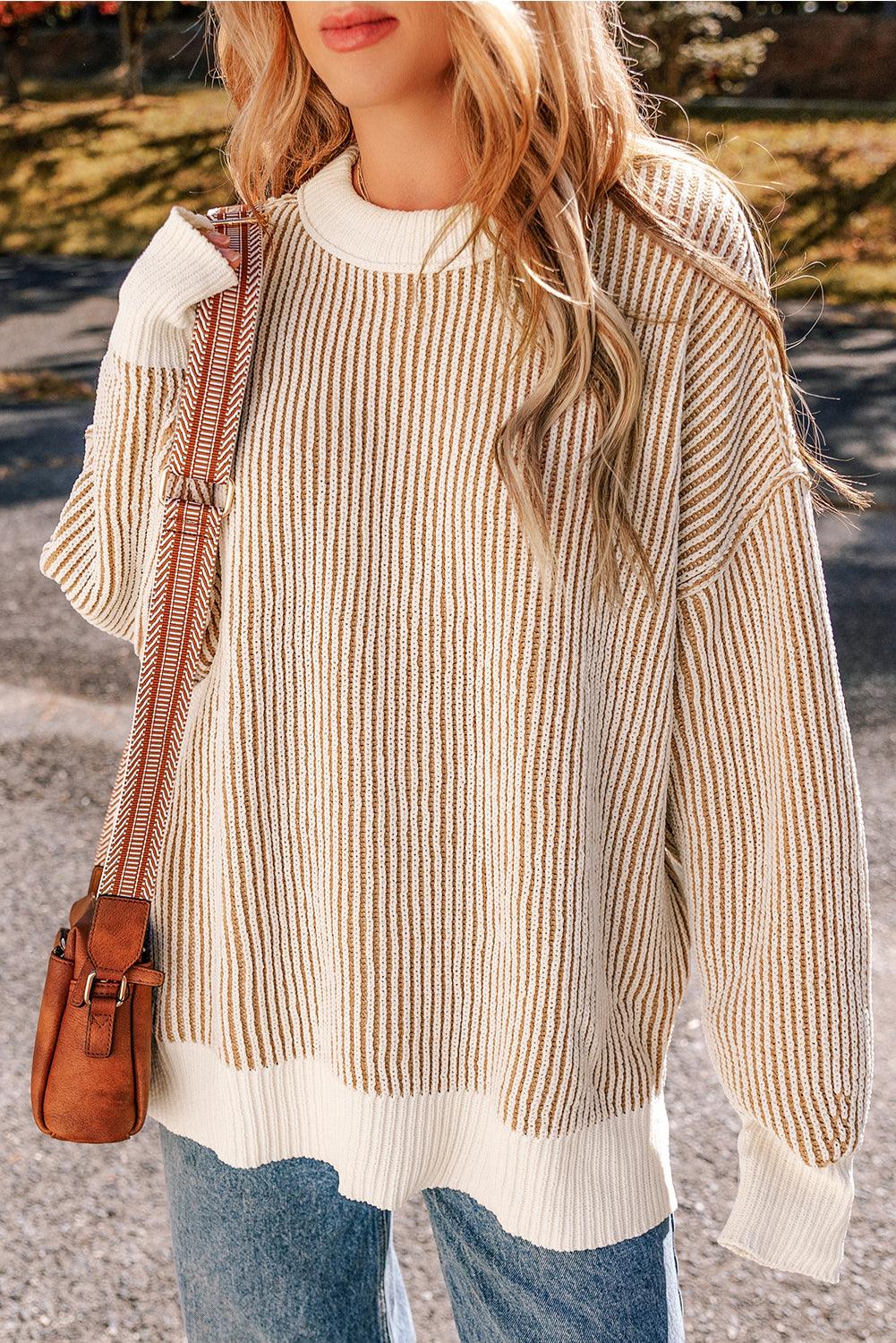 Chestnut Striped Contrast Trim Loose Sweater - The Fair Lady Shop