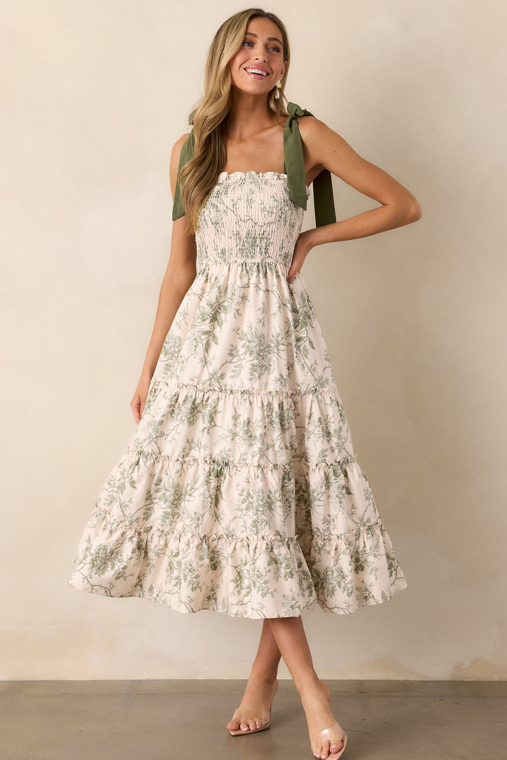 Green Floral Smocked High Waist Tiered Midi Dress