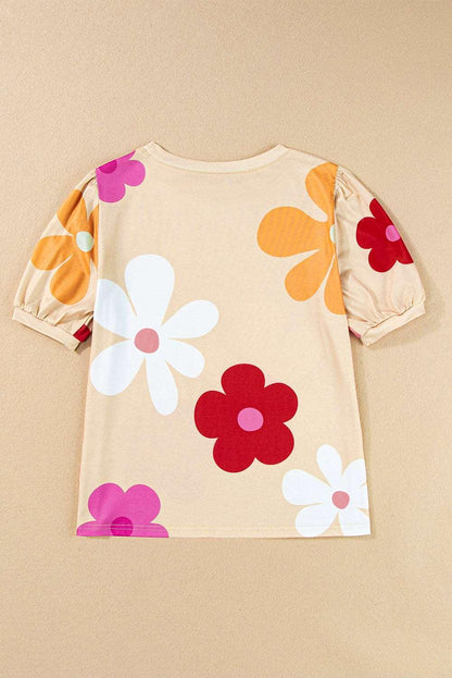 Apricot Colorful Flower Print Bubble Sleeve Tee - The Fair Lady Shop