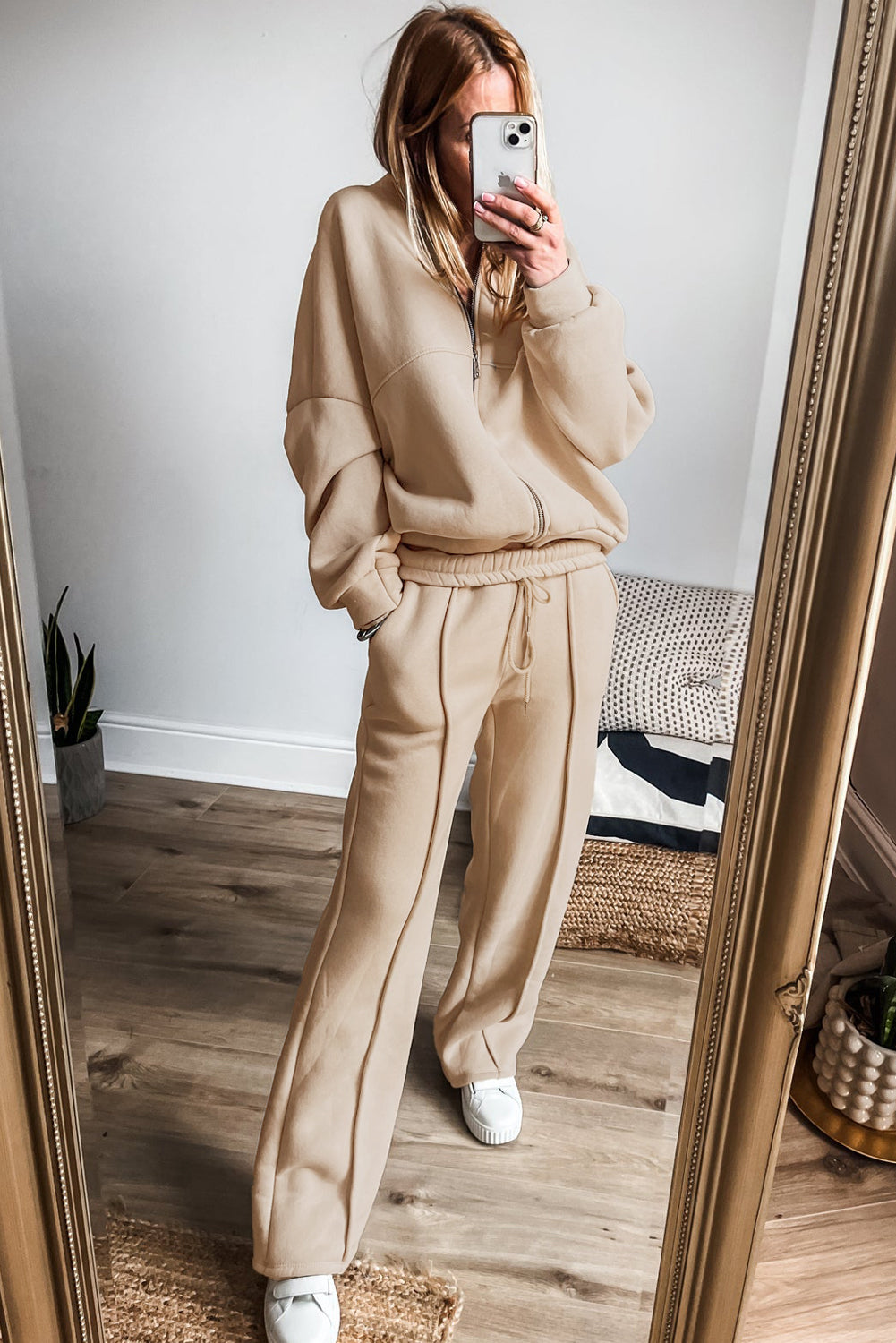 Apricot Seamed Zipper Jacket and Drawstring Waist Pants Set - The Fair Lady Shop