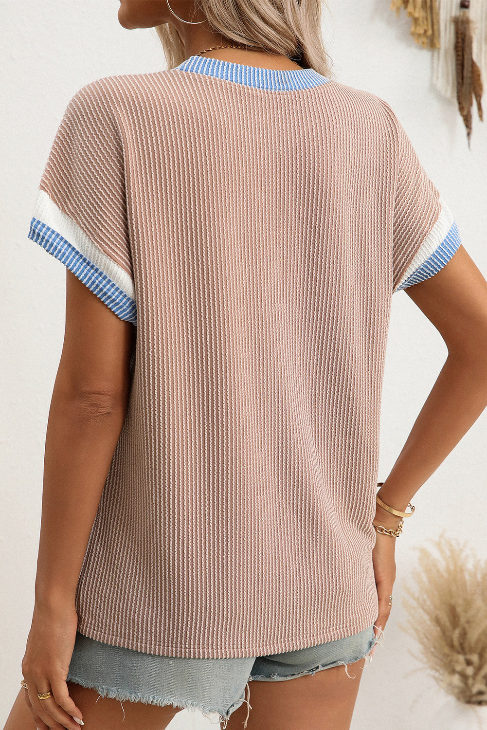 Khaki Colorblock Trim Corded Rib T Shirt - The Fair Lady Shop