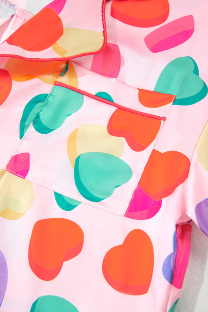 Pink Full Heart Pattern Shirt and Shorts Satin Pajama Set - The Fair Lady Shop