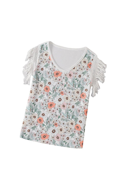 White Boho Floral Print Fringe Shoulder Sleeveless Shirt - The Fair Lady Shop