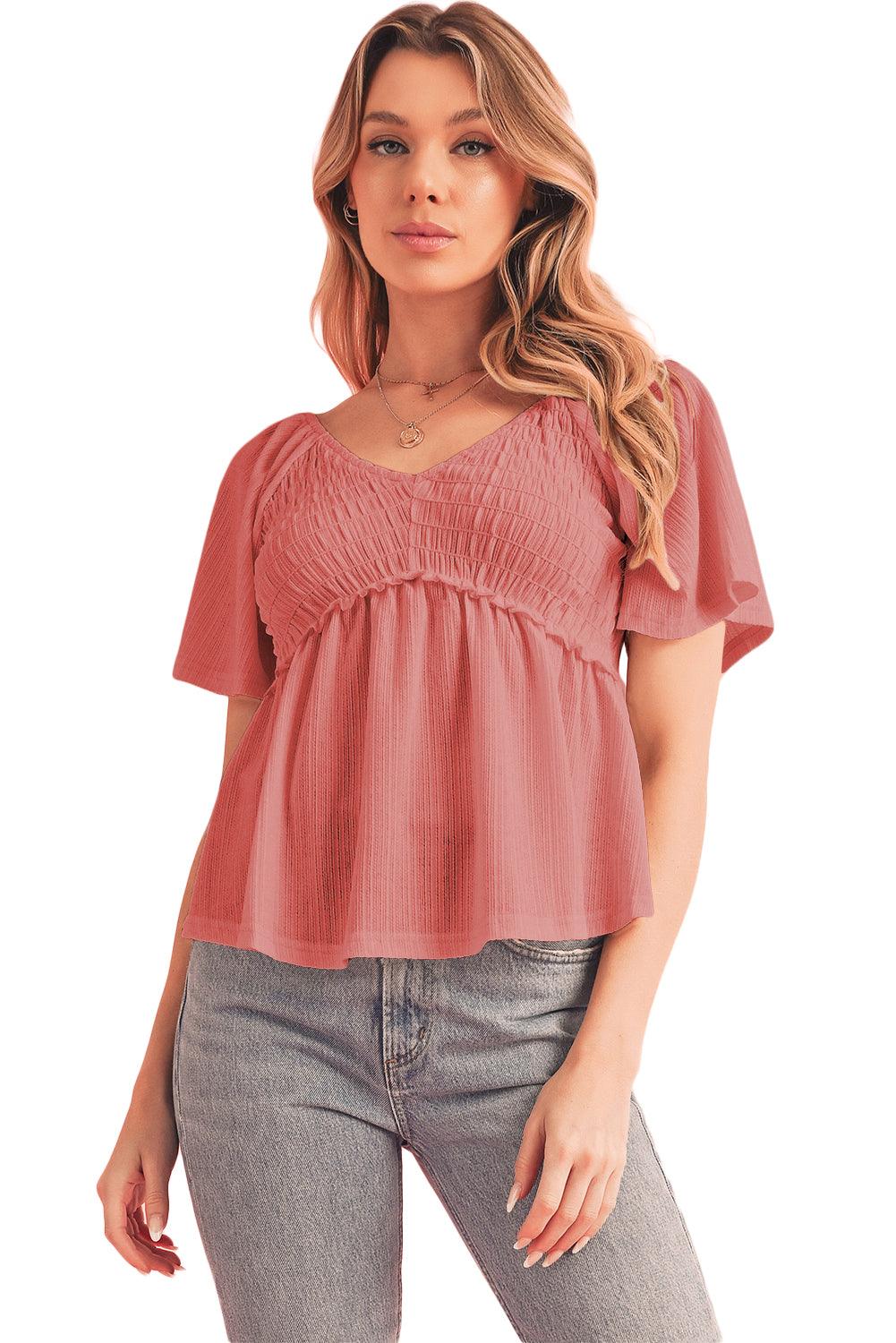 Tomato Red Shirred V Neck Short Flutter Sleeve Textured Blouse - The Fair Lady Shop