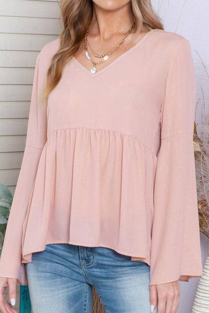 Pink Bell Sleeve Top V Neck Tie Back Peplum Blouse - The Fair Lady Shop