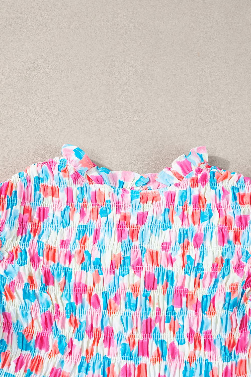 Pink Shirred Yoke Ruffle Abstract Blouse - The Fair Lady Shop